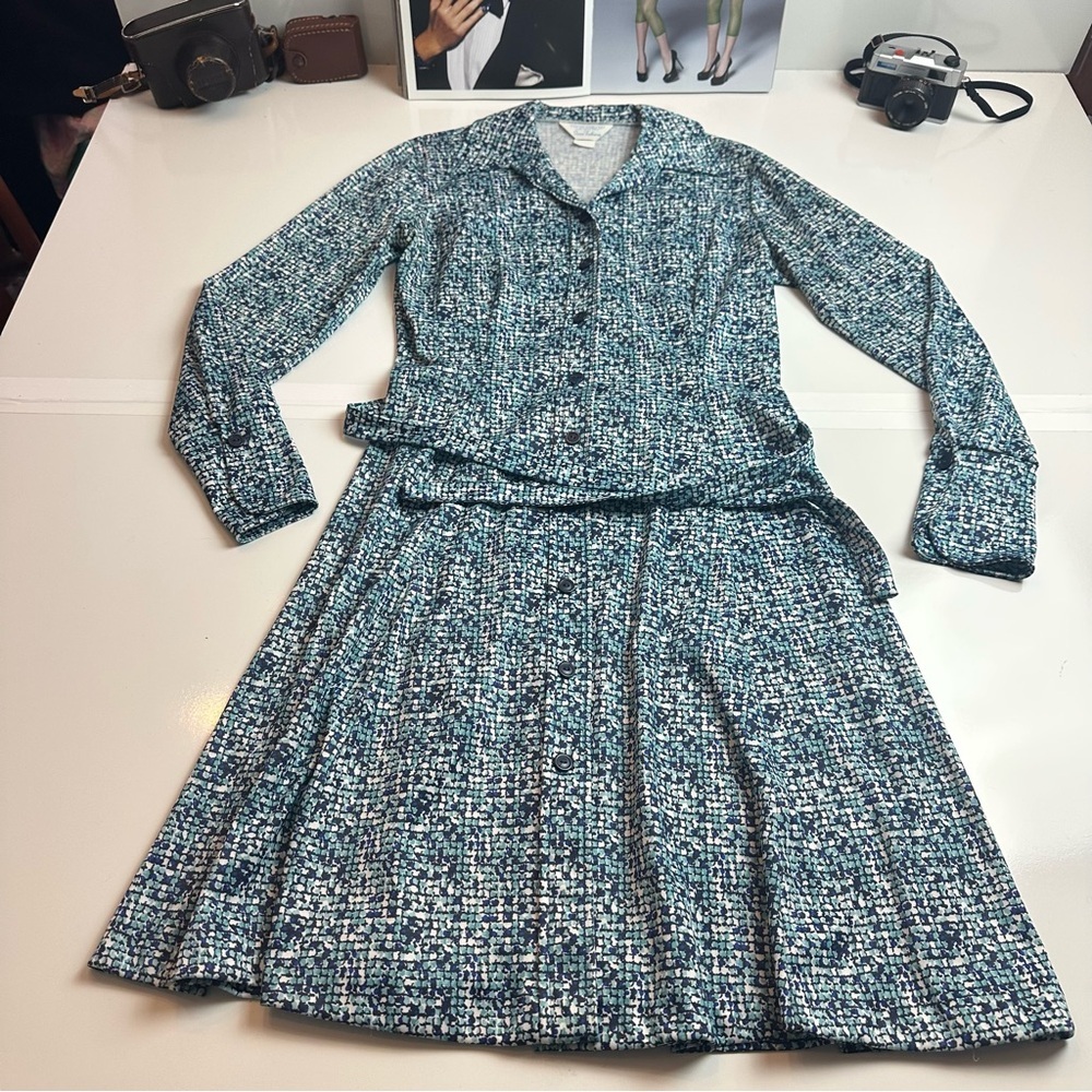 Vintage Sears Fashions Blue and White Long Sleeve Wrap Dress with Cuffed Sleeves